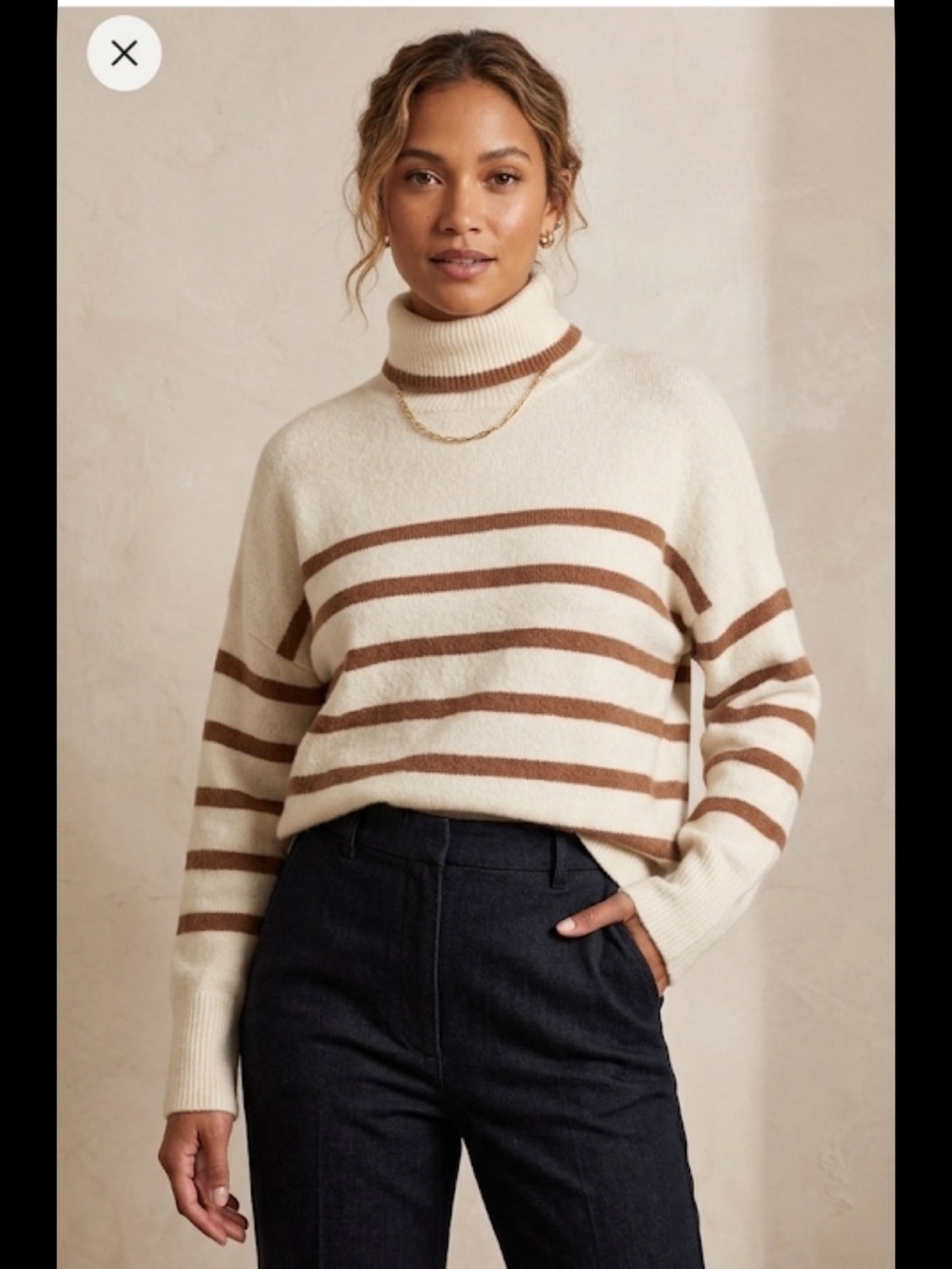 Cece Cream and Brown Striped Turtleneck Sweater Size Small Relaxed Fit